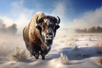 Large male bison covered with ice walking in snow, AI generated