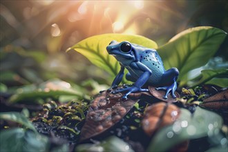 Blue poison dart frog on leaves, AI generated