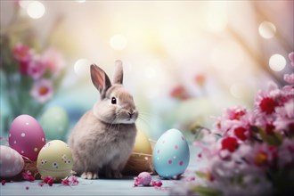 Cute Easter bunny sits beside colorful, decorated eggs amidst a vibrant green field under the