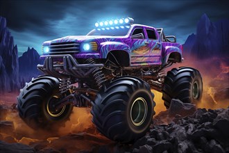 Monster truck illuminated by neon lights, excitement and thrill of an extreme sport and