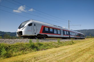 Train travelling along the Rothenthurm high moor, Canton Schwyz, Switzerland, Europe