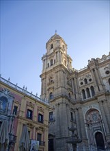 Bell tower Baroque architecture exterior of the cathedral church of Malaga city, Spain, Santa