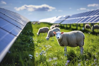 Domestic sheep (Ovis) grazing in a meadow between solar panels, solar park, photovoltaic system, AI