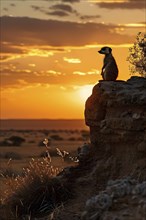 Meerkat silhouetted against the setting sun standing atop a termite mound in the kalahar desert, AI