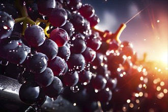 Harvest ready grape bunches with water droplets sparkling in the sunlight, AI generated