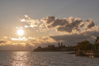 Baroque castle church, double tower, onion dome, evening light, Friedrichshafen on Lake Constance