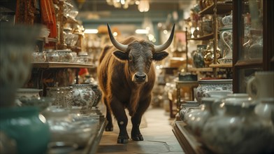 Very large bull with horns in a China shop filled with glassware. generative AI, AI generated