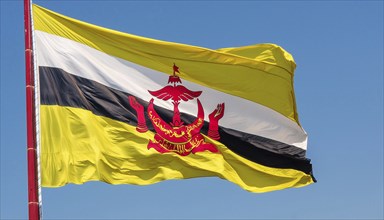 The flag of Brunei flutters in the wind, isolated against a blue sky