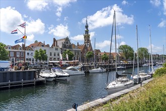 The town of Veere, province of Zeeland, marina, sailing harbour, tower of the old town hall,