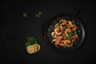 Fried shrimp, headless, with spices, grilled, homemade, no people