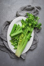 Fresh bunch of celery, top view, no people