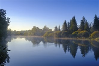 Sunrise with fog, Mühlweiher at Reutberg Monastery, Sachsenkam, Tölzer Land, Alpine foothills,