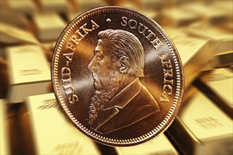 Close-up of a Krugerrand gold coin, in the background blurred gold bars (composing)