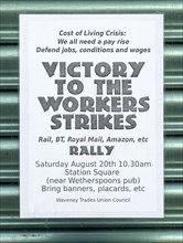 Waveney Trades Union Council poster supporting workers strikes, Lowestoft, Suffolk, England, UK -m