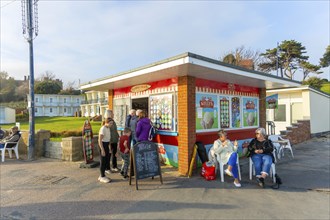 Snack bar selling ice cream, drinks and snacks on seafront, Felixstowe, Suffolk, England, UK