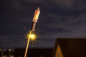 Ignited rocket, New Year's Eve, turn of the year, Baden-Württemberg, Germany, Europe