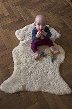 Toddler, nine months, playing on a sheepskin, Mecklenburg-Vorpommern, Germany, Europe