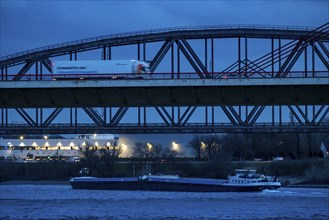 Beeckerwerther Brücke, motorway bridge, A42, truck, Haus-Knipp railway bridge, cargo ship on the