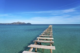 Bay of Alcudia, Platja de Muro, Muro beach, wooden walkway, Majorca, Balearic Islands, Spain,