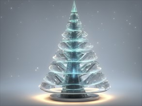 A three dimensional rendering of a futuristic Christmas tree made of glowing, semi-transparent