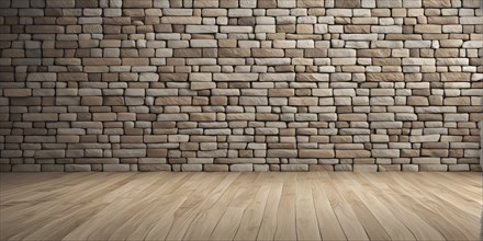 Three dimensional rendering of natural stone wall and wooden floor, AI generated