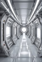 Three dimensional render of futuristic corridor inside a spaceship or space station, AI generated