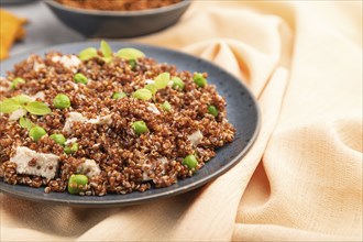 Quinoa porridge with green pea and chicken on ceramic plate on a gray concrete background and