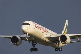 Aircraft approaching Zurich Airport. Registration: ET-ATY, Airbus A350-941, Ethiopian Airlines.