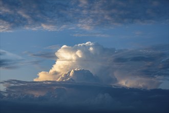 Towering cumulonimbus cloud, thundercloud, thunderstorm over the Swabian Alb illuminated by the