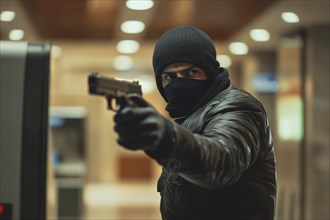 Bank robber with face hidden behind ski mask with gun. Generative Ai, AI generated