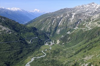 View from Furka road downhill rhône to left Furka road pass road to Furka pass centre river Rhone