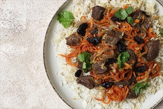 Kabuli pulao, pilaf, the national dish of Afghanistan, rice with meat, homemade, no people