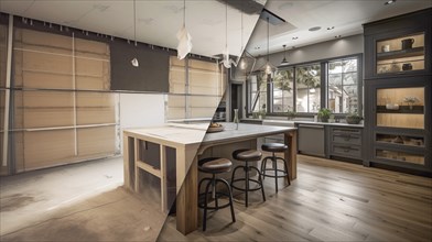 Luxurious custom kitchen upgrade interior before and after construction, generative AI, AI