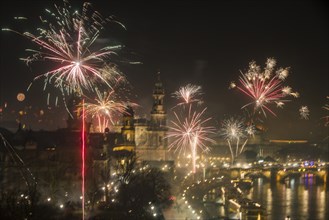 New Year's Eve fireworks over Dresden's Old Town, Dresden, Saxony, Germany, Europe