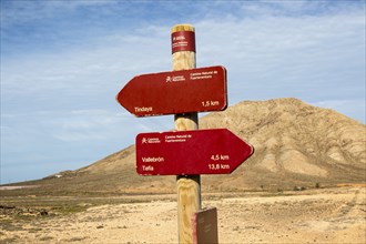 Footpath signs by Montana de Tindaya, Fuerteventura, Canary Islands, Spain, Europe