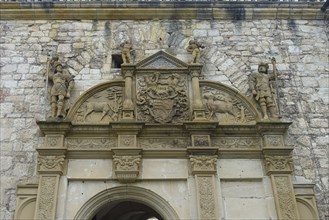 Portal, gate, round arch, stone figures, coat of arms, stag figures, 1892, men in armour warriors,