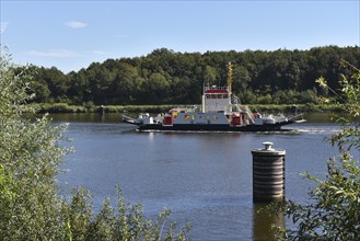 Ferry with ambulance travelling in the Kiel Canal, Schleswig-Holstein, Germany, Europe