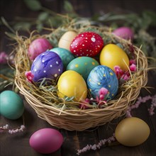 Easter celebration, featuring a collection of brightly colored eggs, each intricately painted with