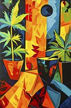 Abstract composition of a cannabis cafe with ambiance bold contrasting colors and playful shapes,