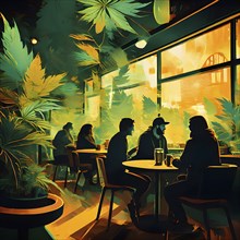 Abstract composition of a cannabis cafe with ambiance bold contrasting colors and playful shapes,