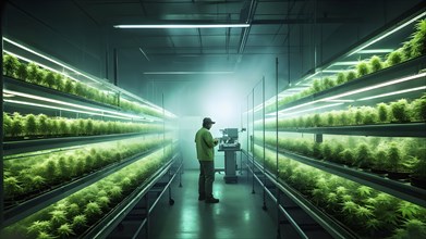 Cannabis cultivation facility in flourishing condition neatly arranged rows of vibrant green