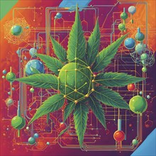 Abstract painting of chemical structure of thc and cbd interlocking geometric shapes, AI generated