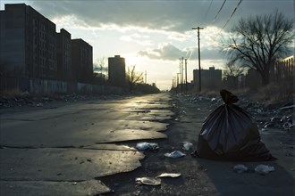 Plastic garbage bag abandoned of a desolate empty city street, AI generated