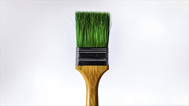 Thick paintbrush dipped in green bristles dripping onto a white background, AI generated