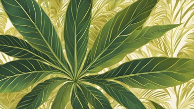 Abstract wallpaper highlighting stylized cannabis leaves in vibrant green and golden colors, AI