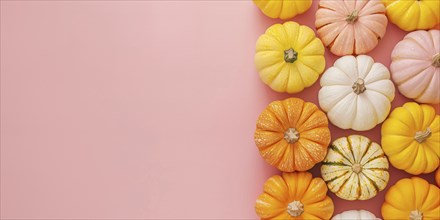 Banner with oange, pink and white pumpkins on side of pastel pink background with copy space.