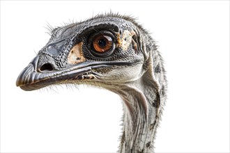 Close up of head of Gallimimus dinosaur on white background. Generative Ai, AI generated