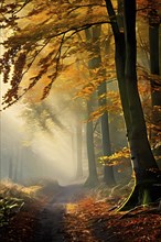 Fog covered forest in autumn with mystic golden sunlight, AI generated