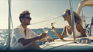 Young adult caucasian couple enjoying drinks on the deck of their yacht in the ocean, generatvie