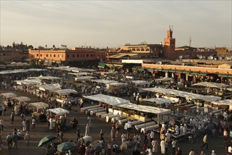 Restaurants on the Djemaa el Fna square in Marrakech, Morocco, Africa